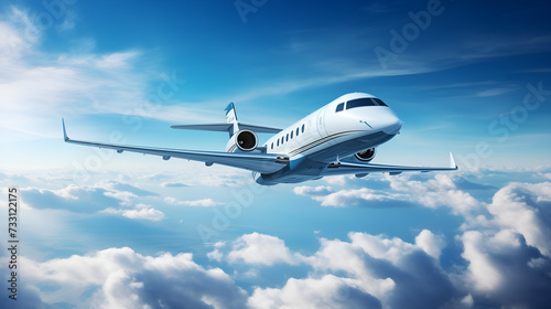 Private jet flying over Earth, empty blue sky with white clouds in background