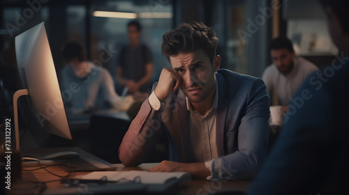 Stressed young businessman, desperate expression, seeking solution to problem photo