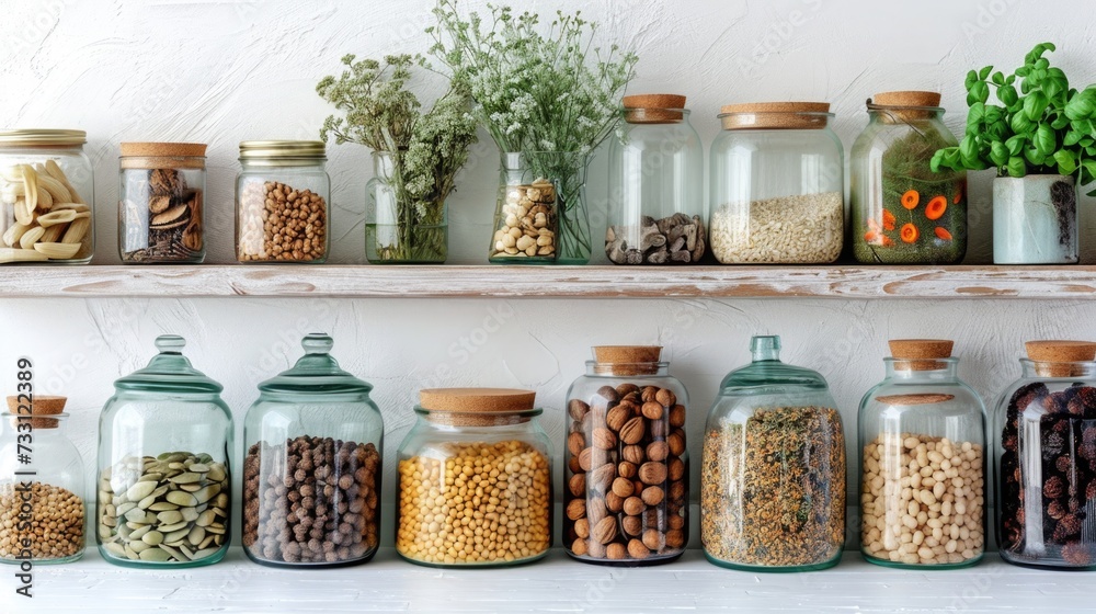 Assortment of glass storage jars on a white surface, symbolizing plastic-free alternatives in the kitchen