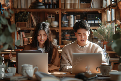 Engaged couple at a library with laptops, absorbed in research amidst books and coffee. Cozy library scene, young couple with laptops, immersed in study with books scattered around