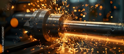 Precision metalworking with lathe, sparks fly from tool. industrial manufacturing process. metal machinery working concept. AI