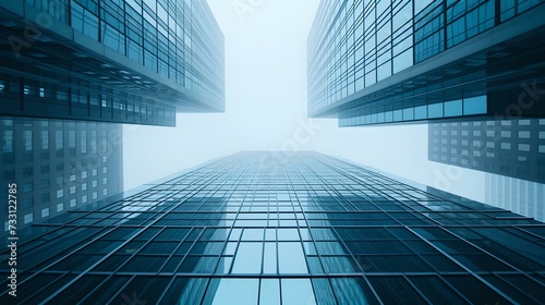 Upward perspective of modern glass skyscrapers in a foggy setting. abstract urban architecture  blue tones. AI