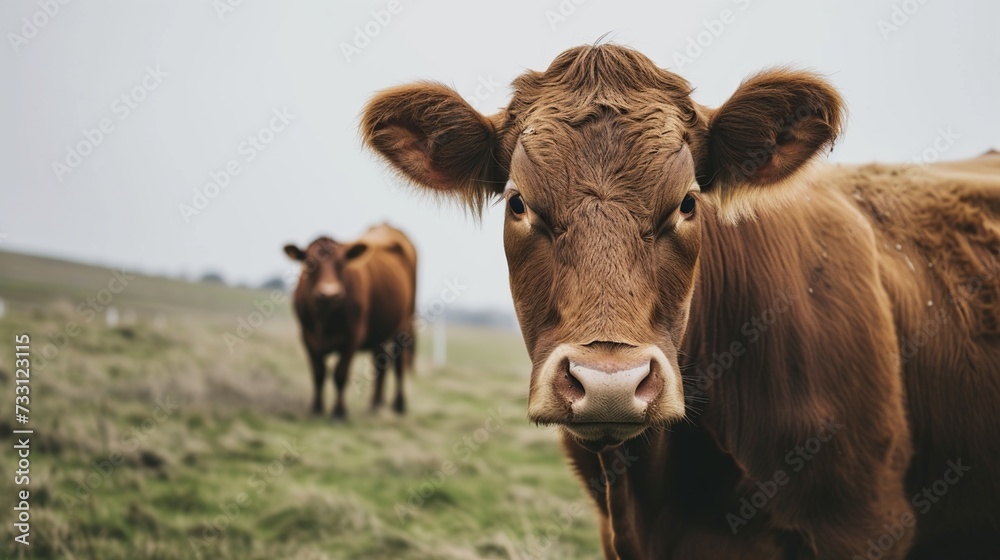 Close-up of a brown cow grazing in a meadow.
