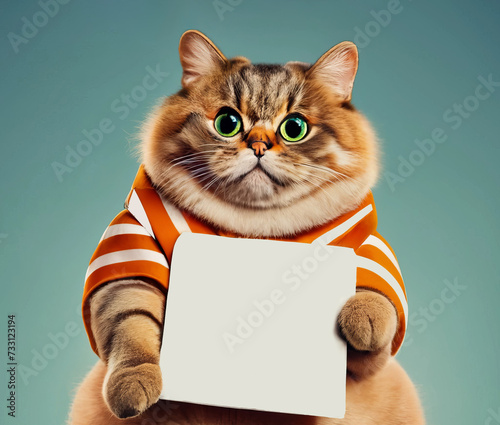 Funny fat ginger cat with a blank sign . Copy space for text