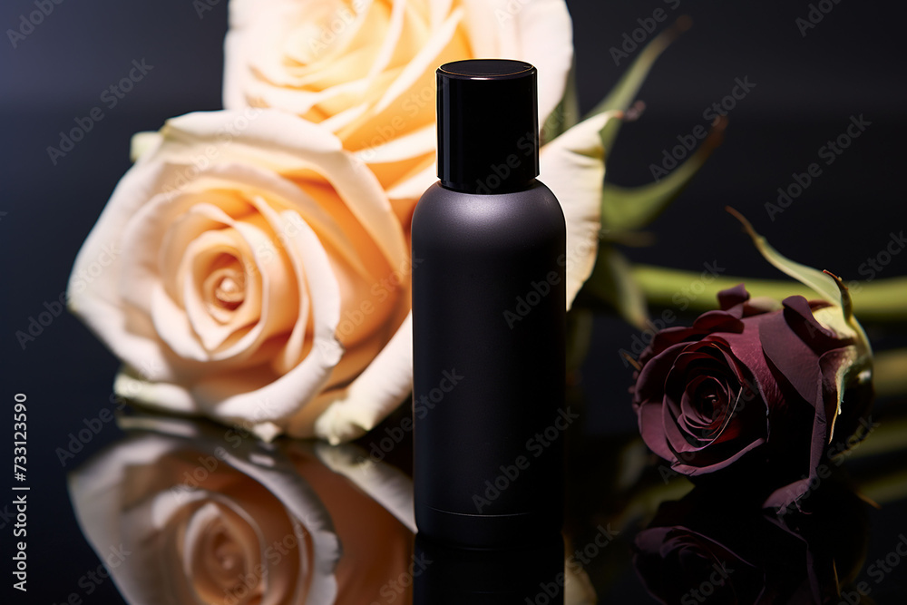 A cosmetic bottle product for skin care black mockup. rose natural cosmetics. AI A cosmetic bottle product for skin care black mockup. rose natural cosmetics. AI