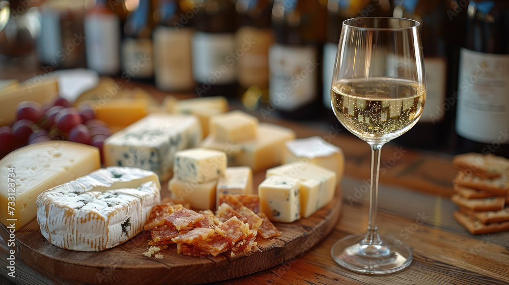 A selection of fine cheeses paired with a glass of white wine, set against a backdrop of wine bottles.