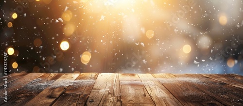 Wooden table with falling snow blur bokeh winter background. Generated AI image