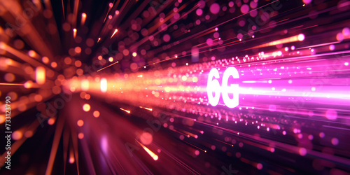 A dynamic visualization of high-speed data transmission representing the concept of 6G network technology with glowing pink and orange light streams.