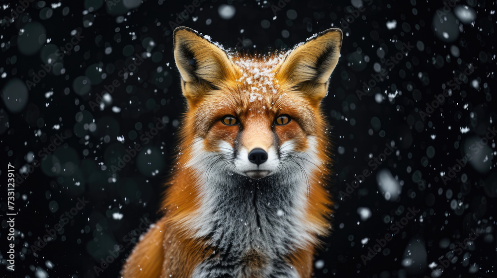 Obraz premium Portrait of a fox on a black background with falling snow. 