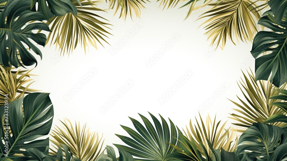 Green Tropical Leave Nature Palm with gold frame border on white background