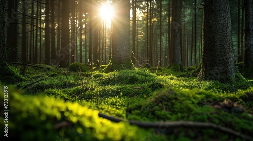 Landscape green mossy forest with beautiful light from the sun shining between the trees photo
