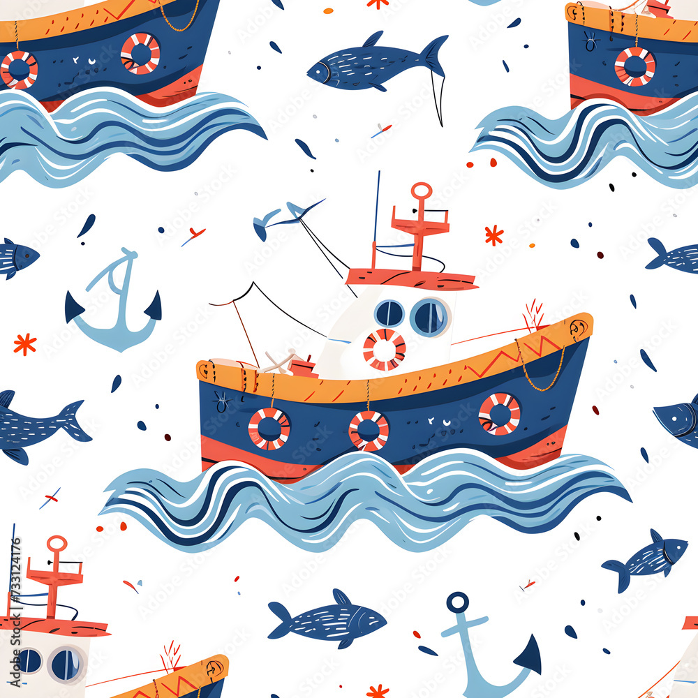 cute seamless pattern with a fishing boat with anchors cute seamless pattern with a fishing boat with anchors
