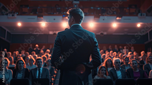 Rear view of motivational speaker standing on stage in front of audience in conference or business event 