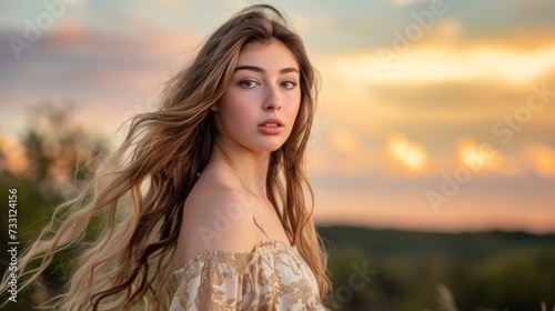 Boho-Chic Portrait of a Woman with Flowing Hair at Sunset AI Generated. © ArquitecAi