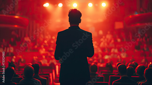 Rear view of motivational speaker standing on stage in front of audience in conference or business event 