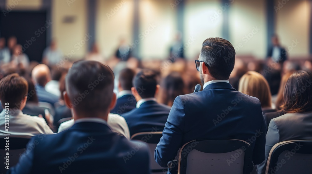 A rear view of the business of people sitting in a conference room and listening to a report on business and entrepreneurship in a large hall. The speaker makes a presentation at a business meeting.