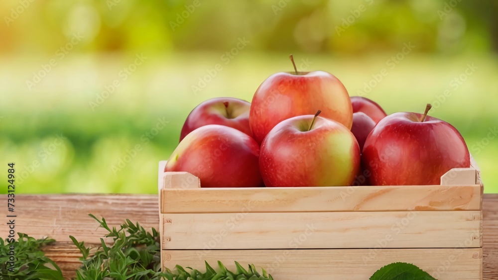 Close up front view wooden box with red apples stands on the ground with grass blurred background. Good ripe apples harvest season. The concept of farming, healthy food, vitamins. Close up front view wooden box with red apples stands on the ground with grass blurred background. Good ripe apples harvest season. The concept of farming, healthy food, vitamins.