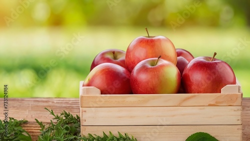 Close up front view wooden box with red apples stands on the ground with grass blurred background. Good ripe apples harvest season. The concept of farming, healthy food, vitamins.