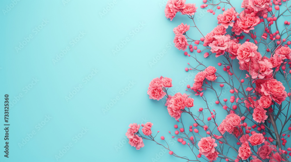 Fototapeta premium Vibrant Pink Blossoms on Branches Against a Pastel Blue Background