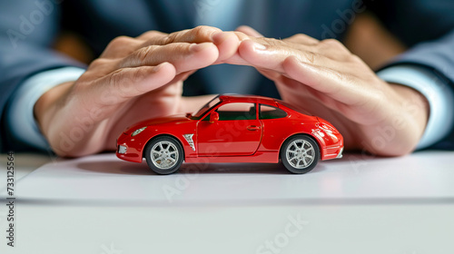 Businessman hands protecting red toy car on the table. Concept of auto protection and insurance photo