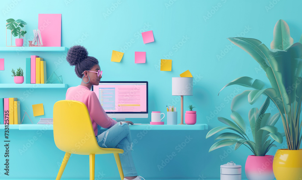 Happy young woman sitting on chair. enjoys studying learning and researching information from computer. pink computer is placed on work desk. cartoon character, 3d,Generative AI Happy young woman sitting on chair. enjoys studying learning and researching information from computer. pink computer is placed on work desk. cartoon character, 3d,Generative AI