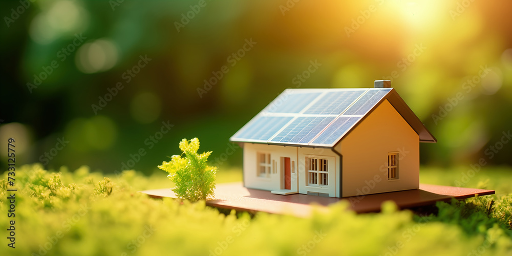House with solar panels on roof. Green electricity generators at cottage. Energy efficient building on lawn. Solar panels for current storage