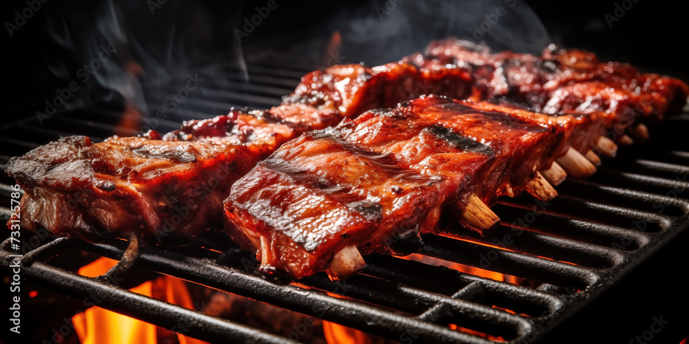 Beef ribs lie on grill grid with flame. BBQ meat with bones. Appetizing beef ribs cooked on fire