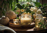Spa still life with candles, flowers and towels on wooden table
