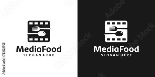 Food media logo design template. Film strip logo with tableware graphic design vector. Symbol, icon, creative.