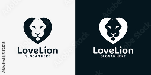 Lion head logo design template with heart love graphic design vector. Symbol, icon, creative.