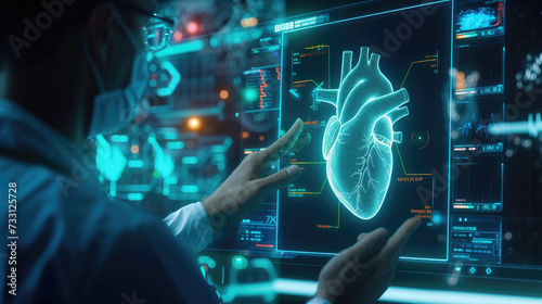 The doctor looks at the Heart hologram, checks the test result on the virtual interface, and analyzes the data. Heart disease, myocardial infarction, innovative technologies, medicine of the future 