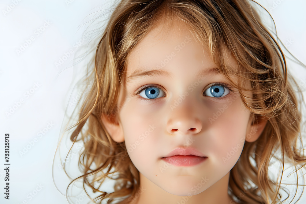 Closeup portrait of beautiful blond hair and blue eyes little girl isolated on white background Closeup portrait of beautiful blond hair and blue eyes little girl isolated on white background