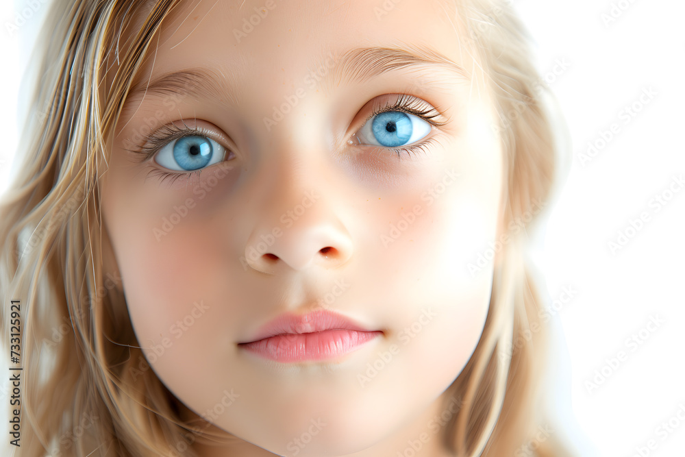 Closeup portrait of beautiful blond hair and blue eyes little girl isolated on white background Closeup portrait of beautiful blond hair and blue eyes little girl isolated on white background