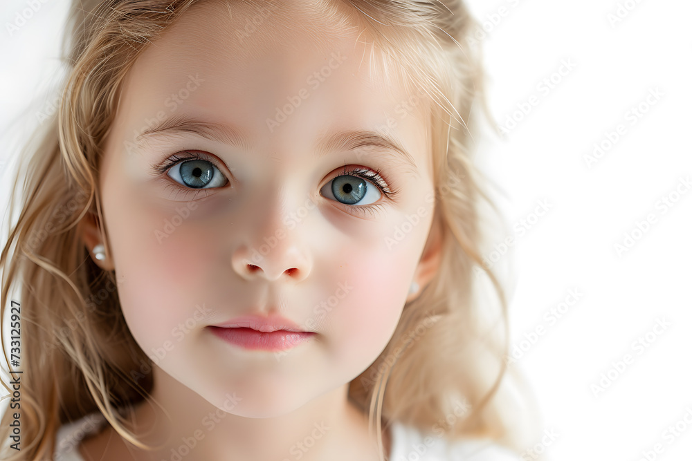 Closeup portrait of beautiful blond hair and blue eyes little girl isolated on white background Closeup portrait of beautiful blond hair and blue eyes little girl isolated on white background