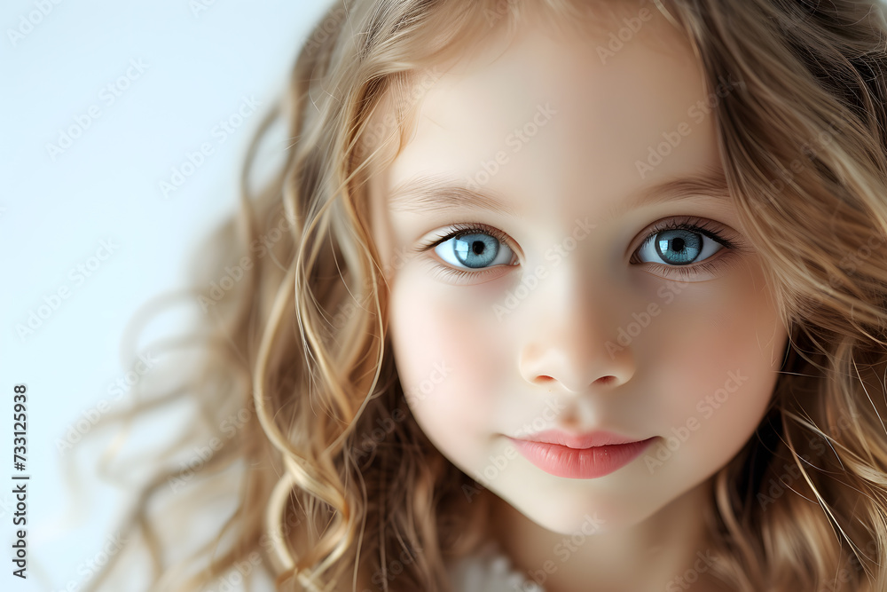 Closeup portrait of beautiful blond hair and blue eyes little girl isolated on white background Closeup portrait of beautiful blond hair and blue eyes little girl isolated on white background