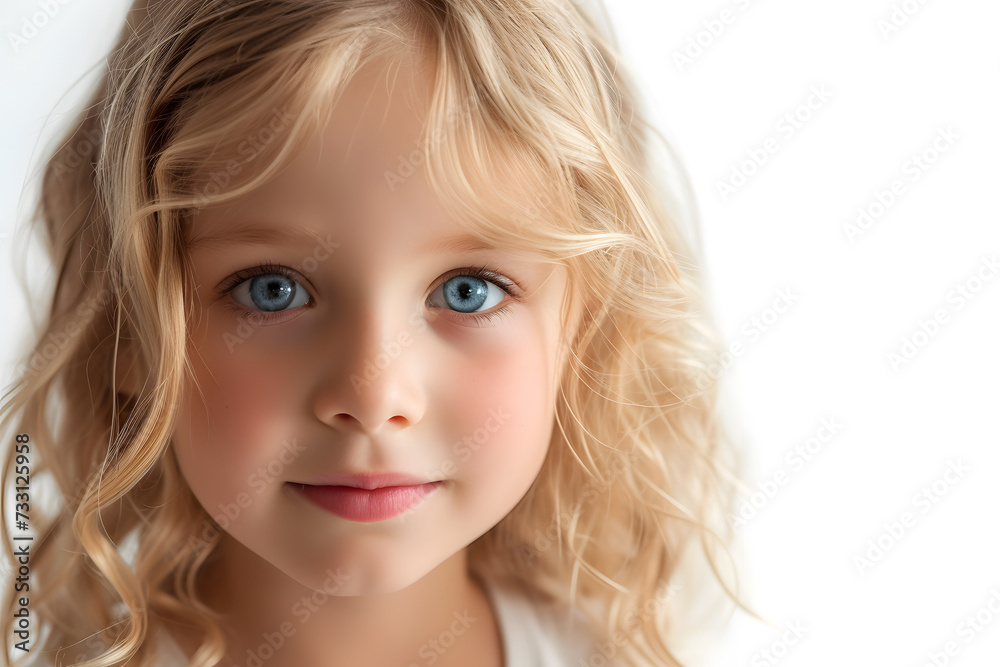 Closeup portrait of beautiful blond hair and blue eyes little girl isolated on white background Closeup portrait of beautiful blond hair and blue eyes little girl isolated on white background