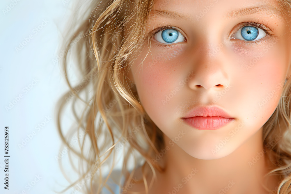 Closeup portrait of beautiful blond hair and blue eyes little girl isolated on white background