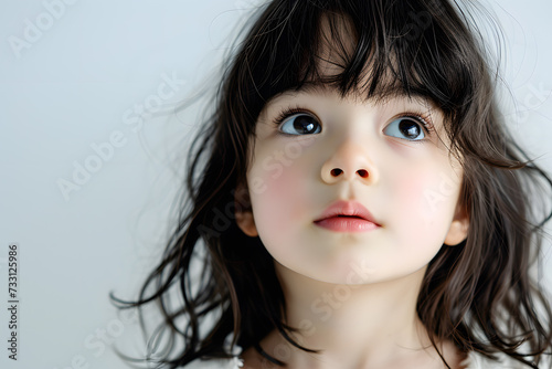 Closeup portrait of beautiful dark hair little girl isolated on white background