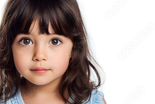 Closeup portrait of beautiful dark hair little girl isolated on white background