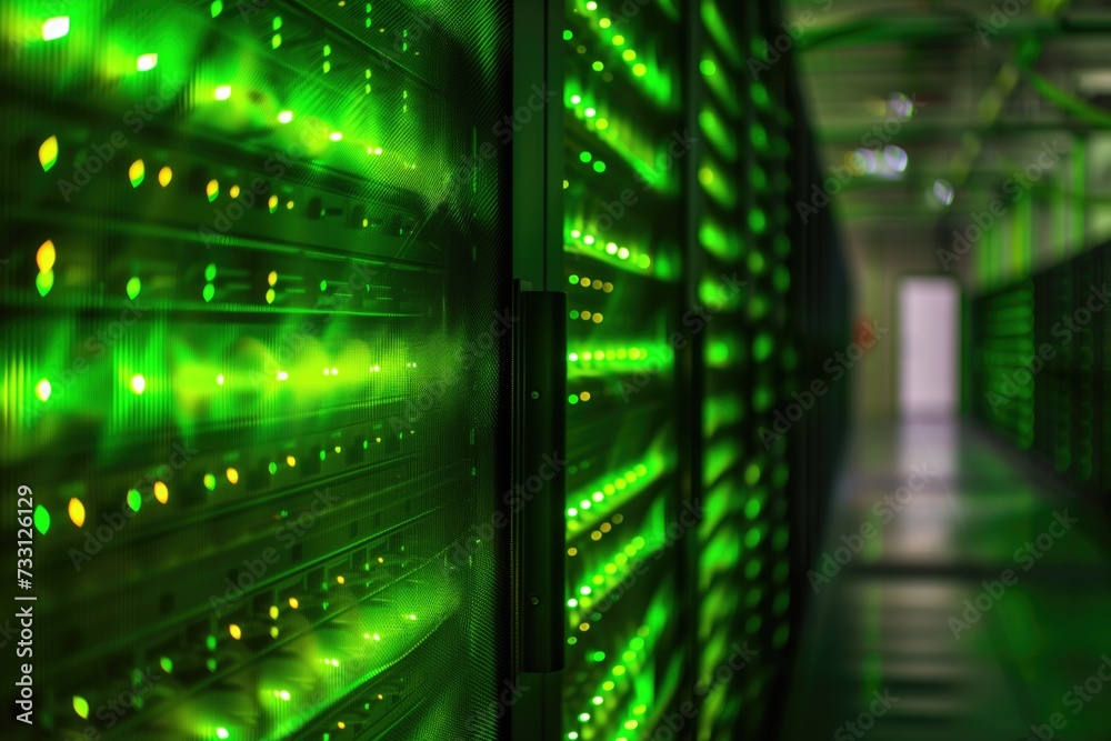 Green misty digital technology background with server room data center glowing wall hallway corridor Green misty digital technology background with server room data center glowing wall hallway corridor