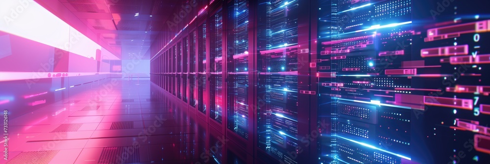 Pink and blue misty digital technology background with server room data center glowing wall hallway corridor