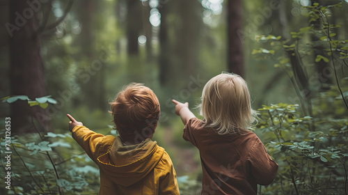 Two young children are pointing towards something in the forest 