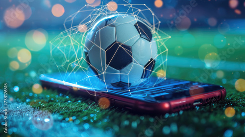 Virtual sports betting on soccer using smartphone, currency and ball  photo