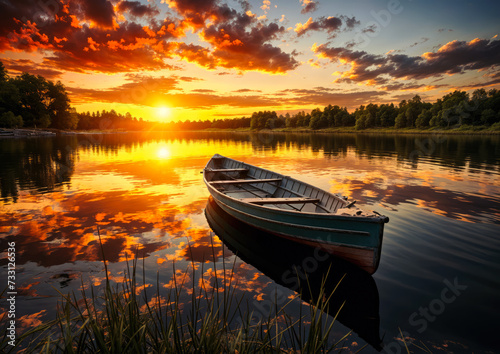 Fishing boat on the lake at sunrise Beautiful summer landscape