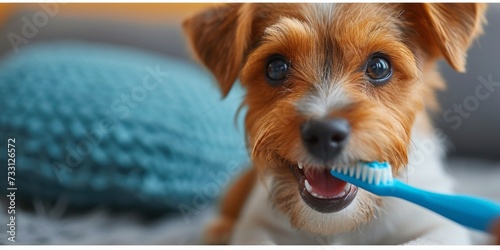 The colorful image shows a happy puppy enjoying his oral hygiene, showcasing the bond between pets and their owners. photo
