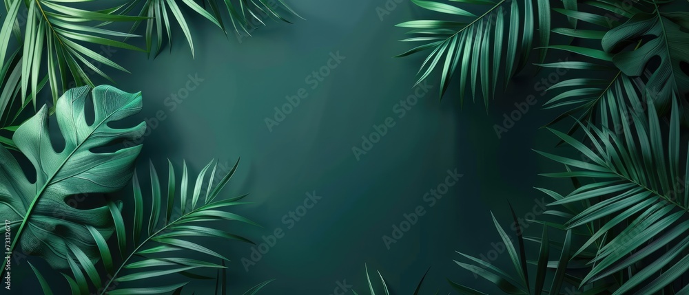 Ultrawide Dark Green Background With Trpical Flowers Leaves Ultrawide Dark Green Background With Trpical Flowers Leaves