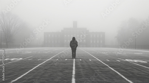 Man in the morning mist on the sports field