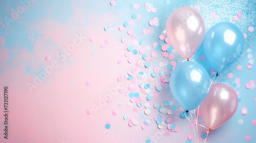 Gender reveal balloons and glitter-themed invitation for a baby shower, featuring pink and blue elements for a birthday party card.