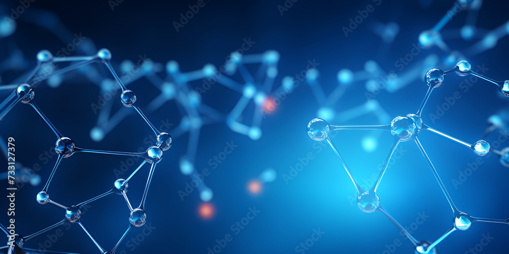 Science molecular structure cosmetic essence liquid bubbles antioxidant blue background.
