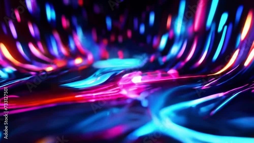Video. Abstract background, neon colored lines on a black background. AI generative. The video shows neon lines moving on a black background. Background for advertising.
